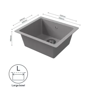 GoodHome Borage Grey Resin 1 Bowl Kitchen sink 440mm x 500mm