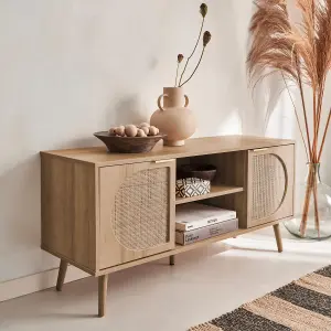 sweeek. Wood and rounded cane rattan TV stand Eva Natural 120x39x56.5 cm