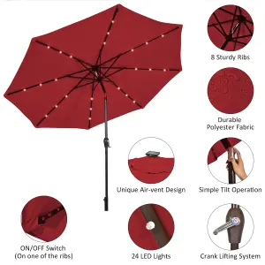 Costway 3M Garden Parasol 24 Solar Power LED Lights Patio Umbrella with Tilt and Crank Handle Wine Red