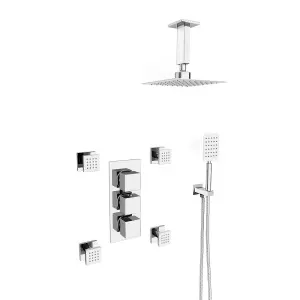 Nes Home Olive Square 3 Way Concealed Thermostatic Shower Mixer Valve, Ceiling Shower Head, Handset, 4x Body Jets Set Chrome