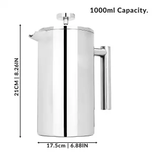 French Press Cafetiere Steel Coffee Maker 1000ml M&W