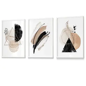 Abstract Beige Black and Gold Set of 3 Wall Art Prints / 42x59cm (A2) / White Frame