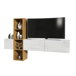 Wally TV Unit 180cm Oak & White with High Gloss Doors - Creative Furniture