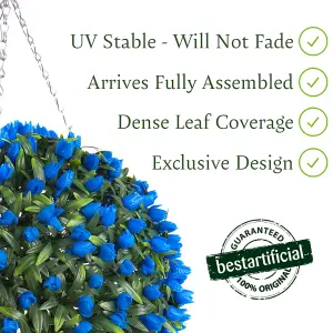 Best Artificial 28cm Blue Tulip Hanging Basket Flower Topiary Ball - Suitable for Outdoor Use - Weather & Fade Resistant