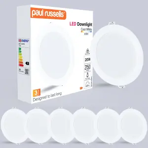 paul russells LED Round Panel Ceiling Lights, 20W 2150 Lumens, Spotlights, IP20, 4000K Cool White, Pack of 6