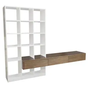 White Gloss and Oak Wall Mounted Open Bookshelves with Drawers - Everett