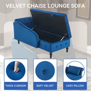 Velvet Upholstered Chaise Lounge Sofa with Storage with Pillow for Living Room, Bedroom and Office, Right Armrest, Blue