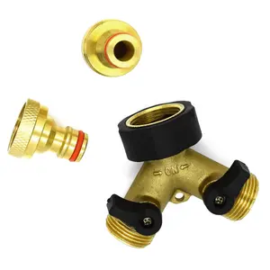 2 Way Garden Tap Connector, Brass Garden Hose Tap Y Splitter Connector with Individual On/Off Valves and 2 Quick Hose Connectors