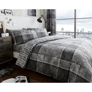 Pinero Cotton Blend Chequered Duvet Cover Set with Pillowcases Grey / Super King - 2 Standard Pillowcases