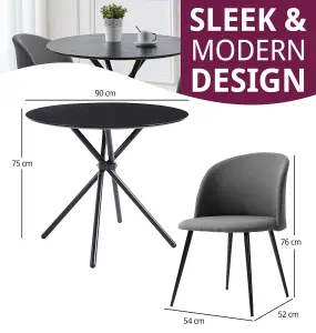 Hallowood Furniture Cullompton Small Round Black Dining Table 90cm with 2 Curved-back Dark Grey Fabric Chairs