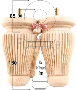 4 Turned Solid Wood Furniture Legs Replacement Settee Feet 150mm High Raw Sofa Chair Stool Bed M8 SOF3215