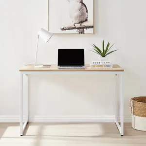 Furniturebox UK Kendrick Oak Effect Desk 120cm for Home Working Study Gaming Office Desk. Elegant White Leg Melamine Desk