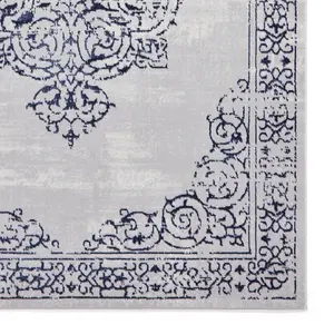 Blue Silver Traditional Abstract Bordered Easy To Clean Rug For Living Room Bedroom & Dining Room-160cm X 230cm