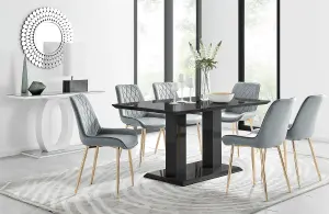 Imperia Black High Gloss 6 Seater Dining Table with Structural 2 Plinth Column Legs 6 Grey Velvet Gold Leg Pesaro Chairs