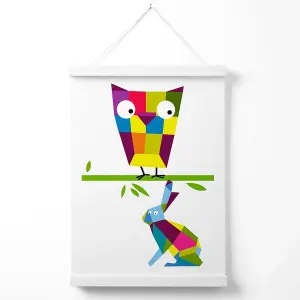 Owl Bright Geometric Animal Poster with Hanger / 33cm / White