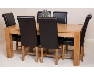 Kuba 180 x 90 cm Chunky Oak Dining Table and 6 Chairs Dining Set with Washington Brown Leather Chairs