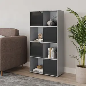 URBNLIVING 119cm Height Grey 8 Cube Bookcase Shelving Display Shelf Storage Unit Black Wooden Door