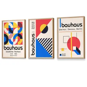 Bauhaus Red Blue & Yellow Geometric Set of 3 Wall Art Prints / 42x59cm (A2) / Oak Frame