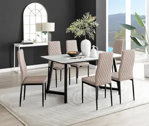 Carson 6 Seater White Marble Effect Rectangular Scratch Resistant Dining Table with 6 Beige Milan Faux Leather Black Leg Chairs