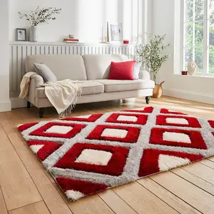 Grey Red Modern Shaggy Geometric Rug For Dining Room-120cm X 170cm