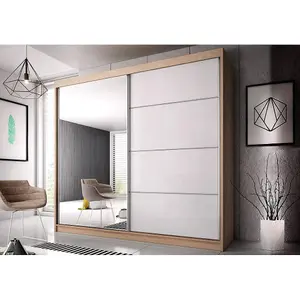 Modern White Gloss Front & Oak Sonoma Wardrobe W203cm H218cm D61cm with Mirrored Sliding Doors