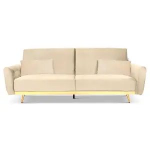 Libbie 3 Seater Click Clack Cream Velvet Sofa Bed with Gold Detail