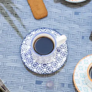 Nicola Spring - Hand-Printed Espresso Cup & Saucer Set - 65ml - Navy - 12pc