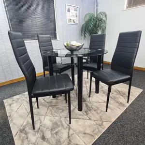 Round Glass Black Kitchen Dining Table With Storage Shelf And 4 Black Metal Chairs Set