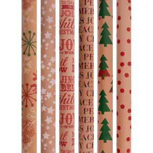 Eco Craft Christmas Wrapping Paper Brown 21 Metres Gift Wrap Assorted Designs 6 Rolls Festive Presents Recyclable