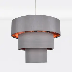 First Choice Lighting Easy Fit Staggered 3 Tier Grey Faux Silk Slub Fabric Shade with Copper Board Inner