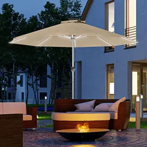 Outsunny Solar Patio Garden Parasol with Lights for Outdoor, Khaki