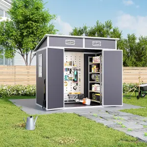 Outdoor Double Door Storage Shed with Floor and Windows, Light Grey, 183cm H