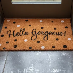 Printed Natural Coir Door Mat Polka Dot Hello Gorgeos Decorative Heavy Duty Entrance Mat 45cm x 75cm Indoor / Sheltered Outdoor