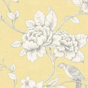 Ellis Yellow Wallpaper Grandeco Floral Birds Linen Effect Metallic