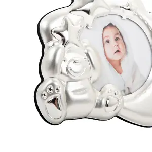 Star Shaped Silver Plated Baby Photo Frame with Teddy Bear and Decorative Stars