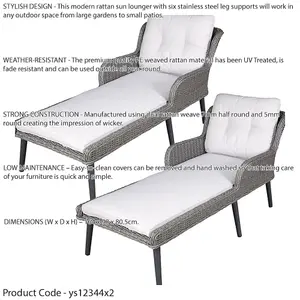 2 Pack Grey Rattan Wicker Outdoor Sun Lounger with Cushions for Garden