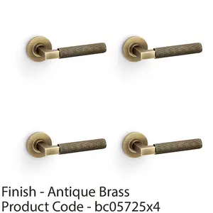 4 PACK - SOLID BRASS Knurled Door Handle Set - Antique Brass Angled Lever on Round Rose