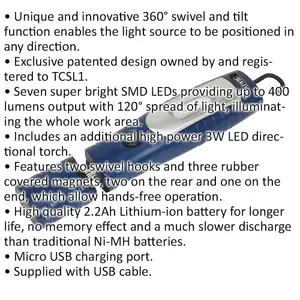 Swivel Inspection Light - 7 SMD LED & 3W SMD LED - Rechargeable - Blue