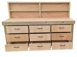 Wooden Eucalyptus hardwood top workbench, tool cabinet with drawers (V.2) (H-90cm, D-70cm, L-210cm) with back