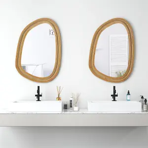 COSTWAY Irregular PVC Rattan Wall Mirror Wooden Framed Decorative Mirror