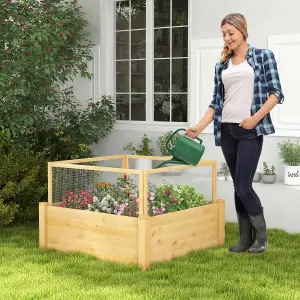 Costway Wooden Elevated Planter Box Square Raised Garden Bed with Fence