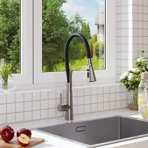 Grey Stainless Steel Side Lever Kitchen Spring Neck Pull Out Kitchen Tap Mixer Tap