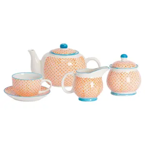 Nicola Spring - Hand-Printed Tea Set - Orange - 15pc