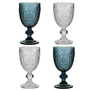 Set of 4 Vintage Luxury Blue & Clear Drinking Wine Glass Wine Goblets 310ml