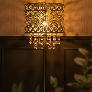 ValueLights Enna Gold Moroccan Style Floor Lamp with Acrylic Jewel Droplet Drum Lampshade