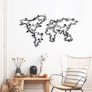 Decortie Modern Metal Wall Art Ivy World Theme Home Ornament Decorative Minimalist Design Hanging Wall Sculpture, Black