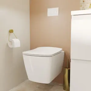 GoodHome Levanna White Rimless Wall hung Square Toilet pan with Soft close seat