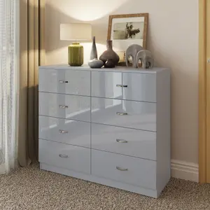 Grey Gloss 8 Drawer Chest Of Drawers 4+4 Bedroom Furniture