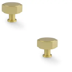 2 PACK - Industrial Hex Cabinet Door Knob - 40mm Satin Brass Cupboard Pull Handle