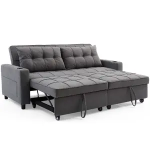 Hudson 3-Seater Sofa Bed Linen Fabric With Cup Holders Grey